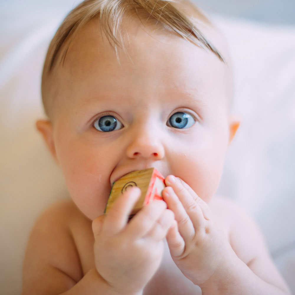 Blue eyes baby with a toy